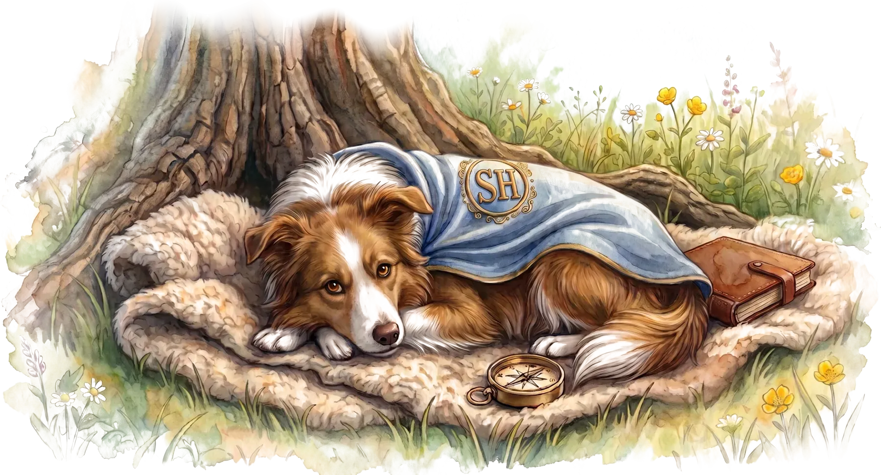 Aquarelillustratie van Lua, een bruin-witte bordercollie met een blauwe SH-cape, slapend onder een eik tussen de bloemen.